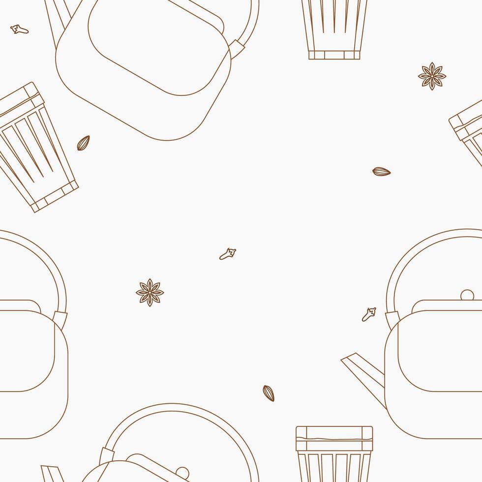Editable Outline Side View Indian Masala Chai in Kettle and Glass Mug With Assorted Herb Spices Vectorized Illustration Seamless Pattern for South Asian Culture and Tradition Beverages Background vector