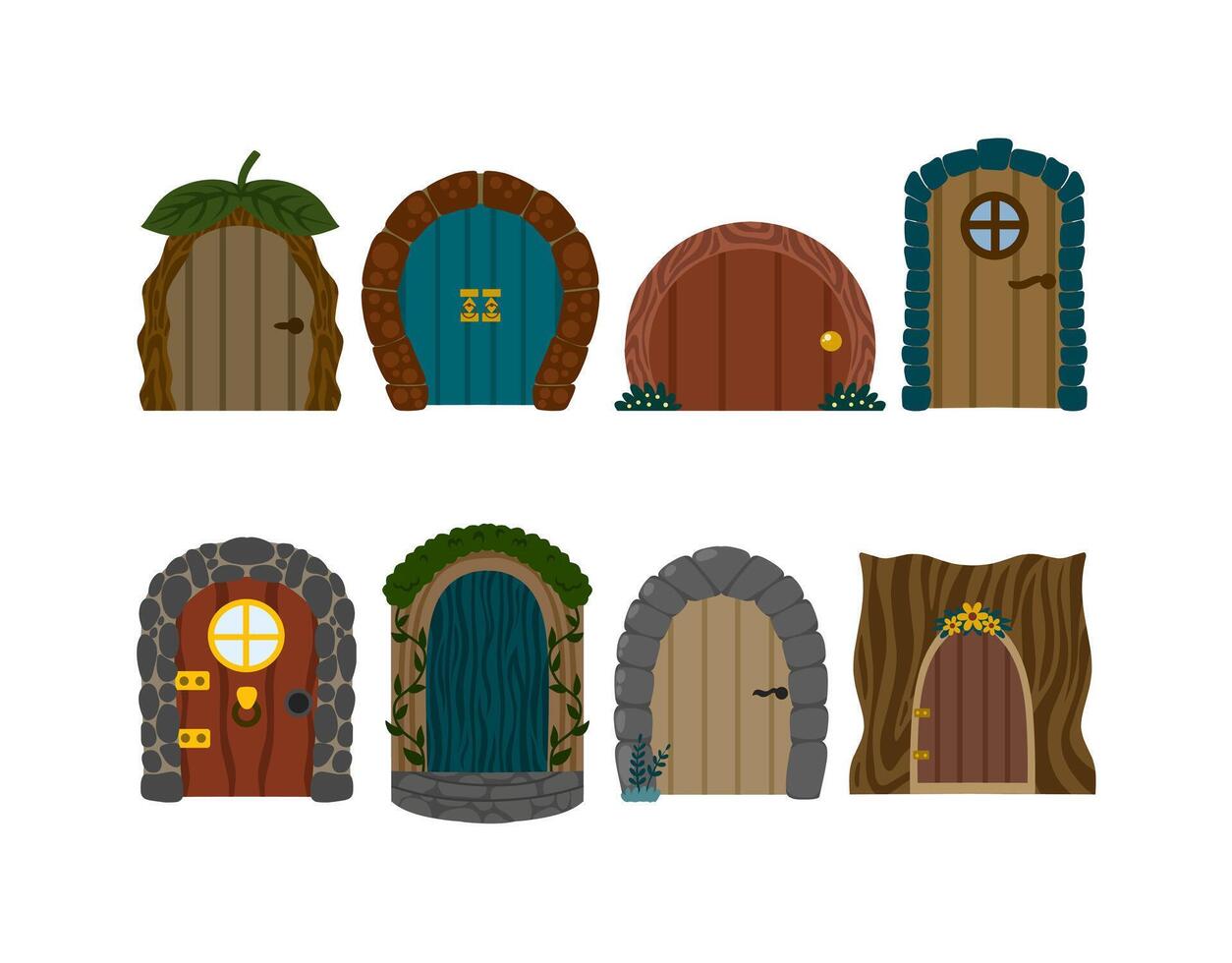 A whimsical collection of fairytale door illustrations, featuring magical designs with fantasy elements, for storybook art, fantasy projects, magical scenes, and childrens illustrations. vector