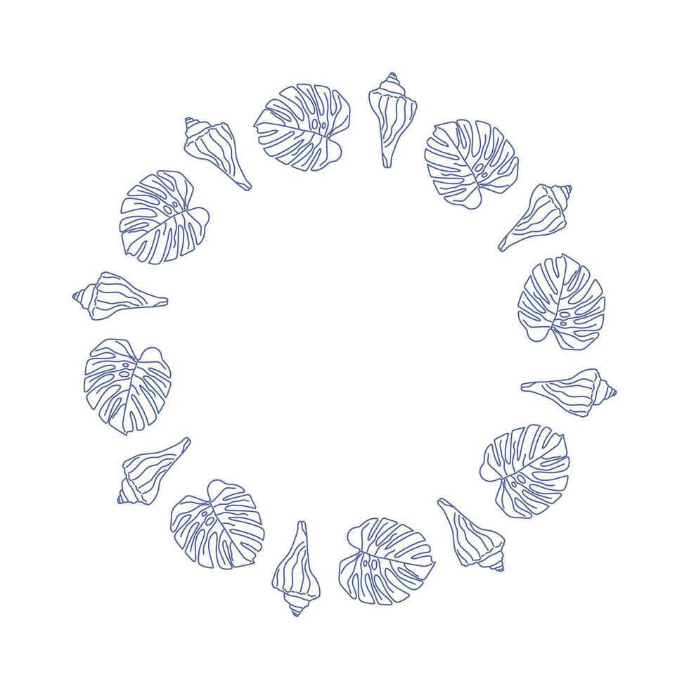 Set of round frames with seashells and tropical leaves in line art style on white background vector