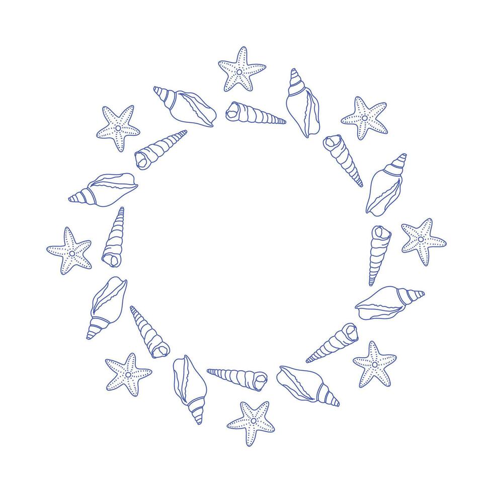 Set of round frames with seashells in line art style vector