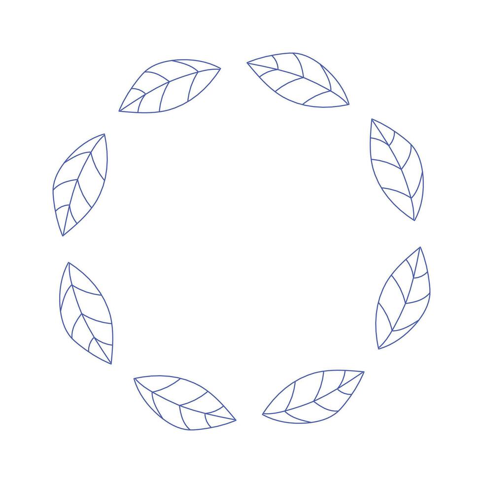Mediterranean blue tropical leaves and branches circle frame. Hand drawn round line border, leaves, wedding invitation and cards, logo design and posters template. Elegant minimal style floral vector