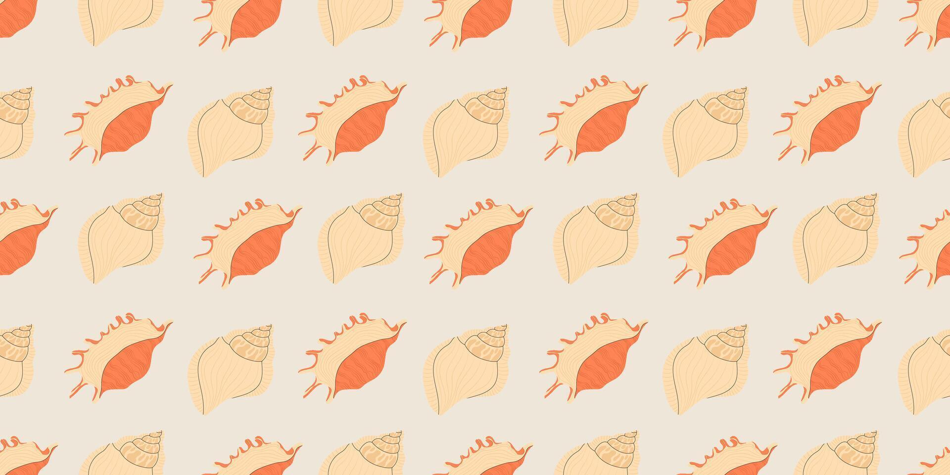 Sea shells, fossils and mollusks seamless pattern. Summer beach hand drawn seaside print. Fashion textile bright multicolored illustration. Seashore elements design for fabrics, wallpaper vector