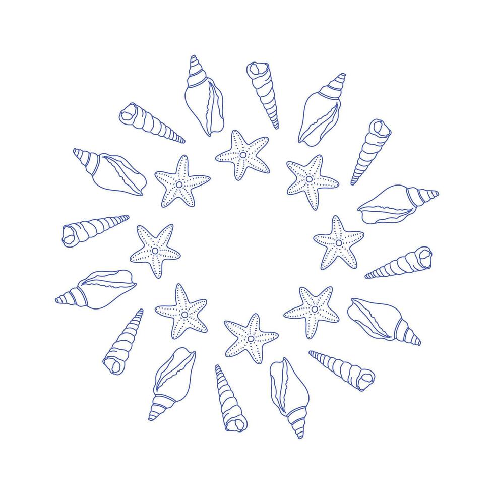 Set of round frames with seashells in line art style on white background vector