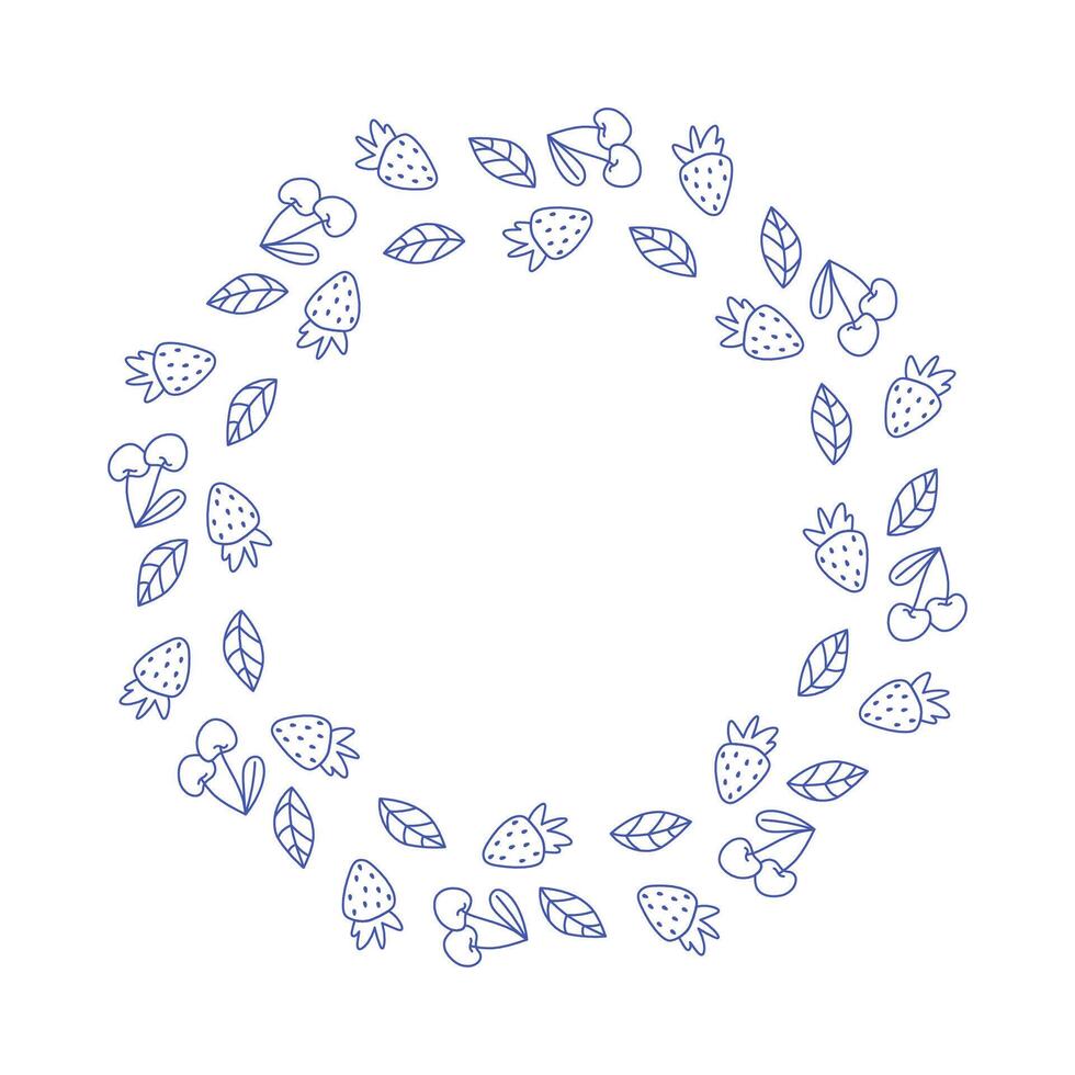 Round frame with leaves, strawberries and cherries in line art style on white background vector