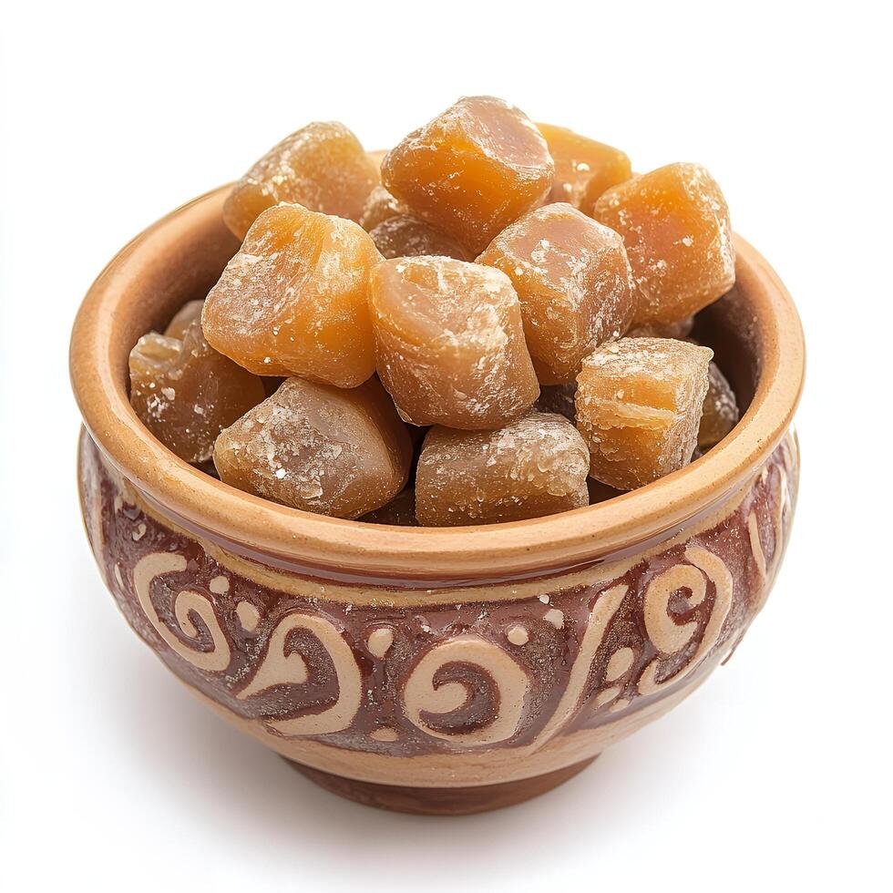 Delicious Brown Sugar Candy Cubes in a Decorative Bowl Sweet Treat Stock Photo