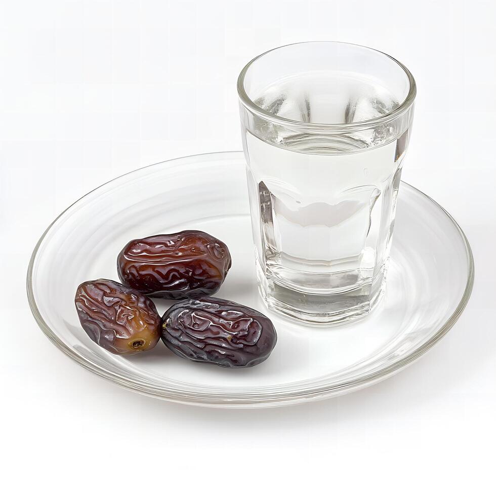 Glass of Water and Dates on Plate Ramadan Iftar Meal photo