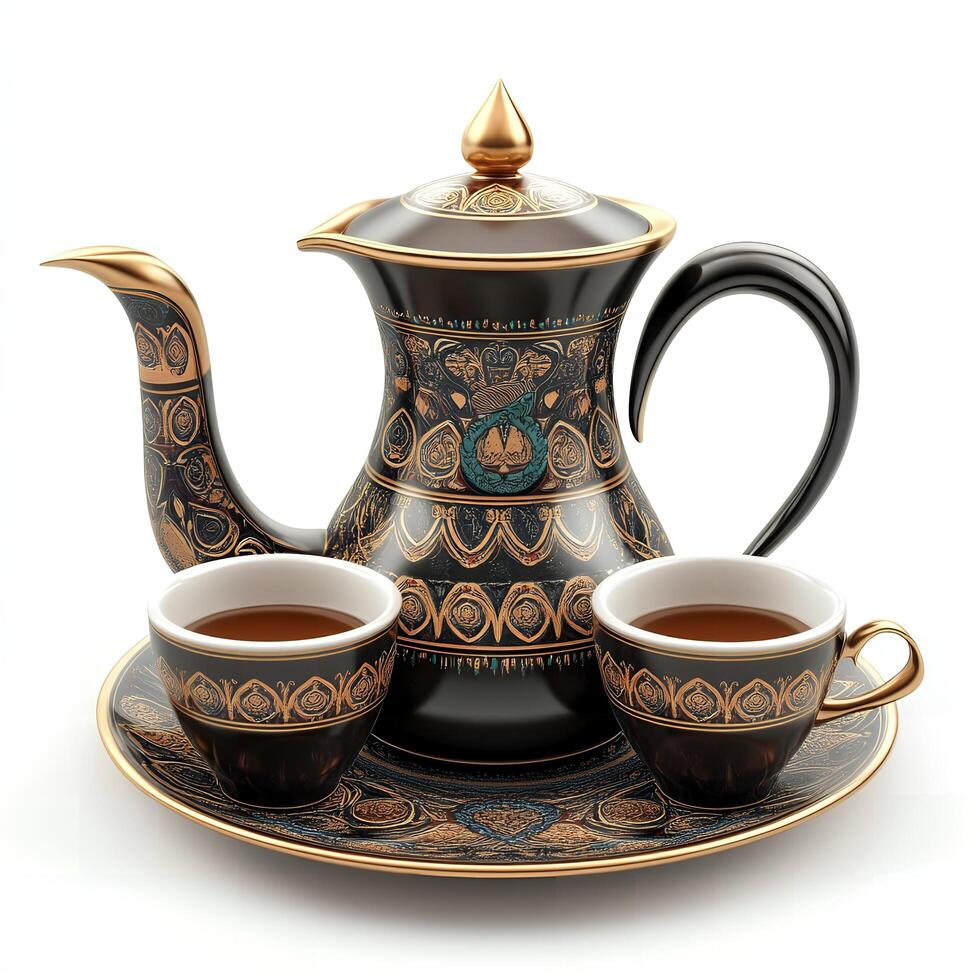 Elegant Black Gold Tea Set with Two Cups Ornate Teapot Perfect for Afternoon Tea photo