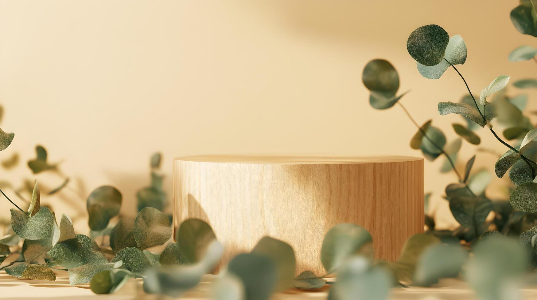 wooden product display stand with eucalyptus branches photo