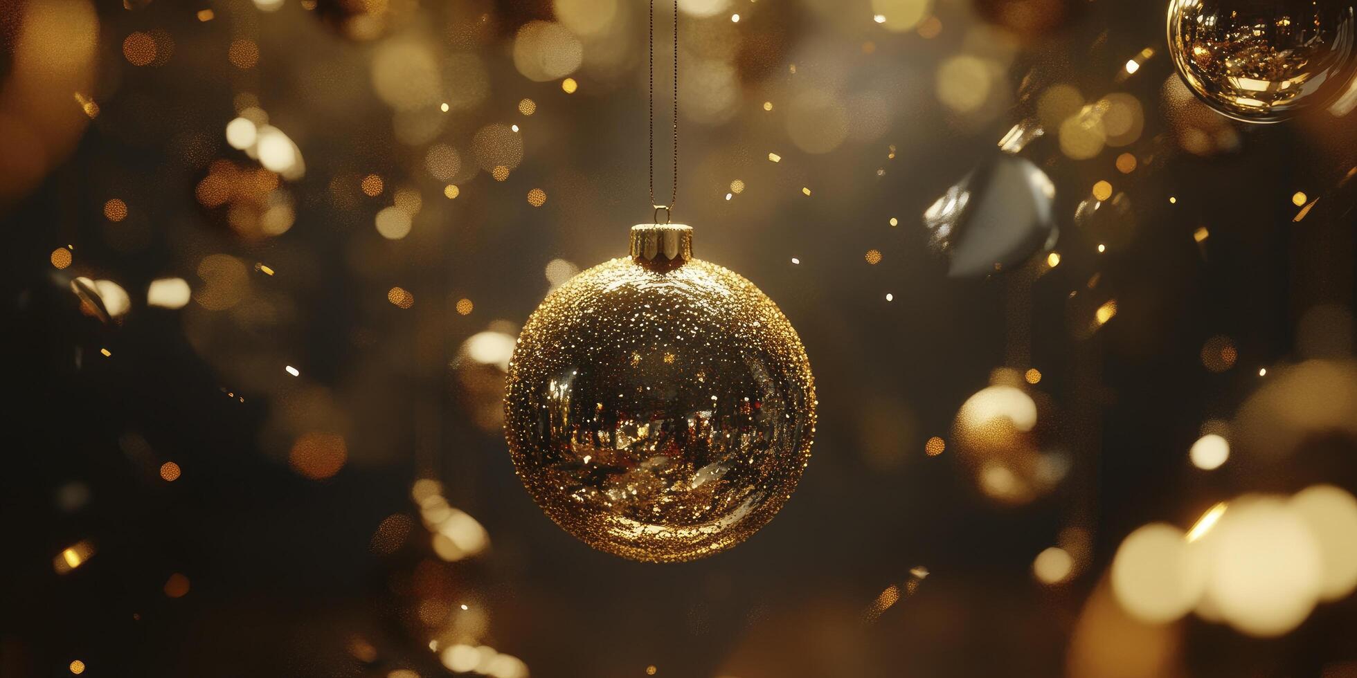 Golden christmas baubles hanging from the air photo