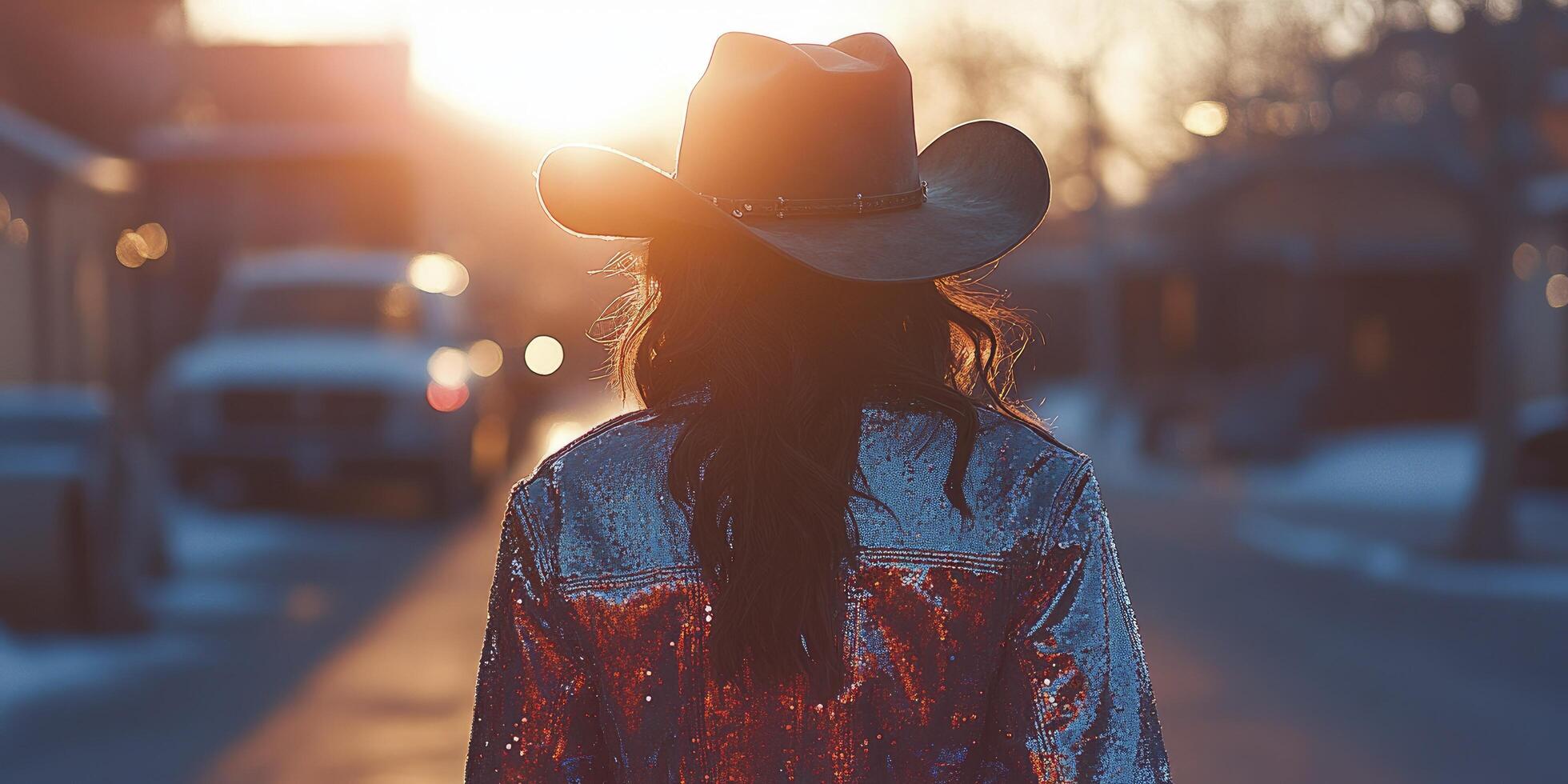 A woman wearing a cowboy hat walking down a street photo