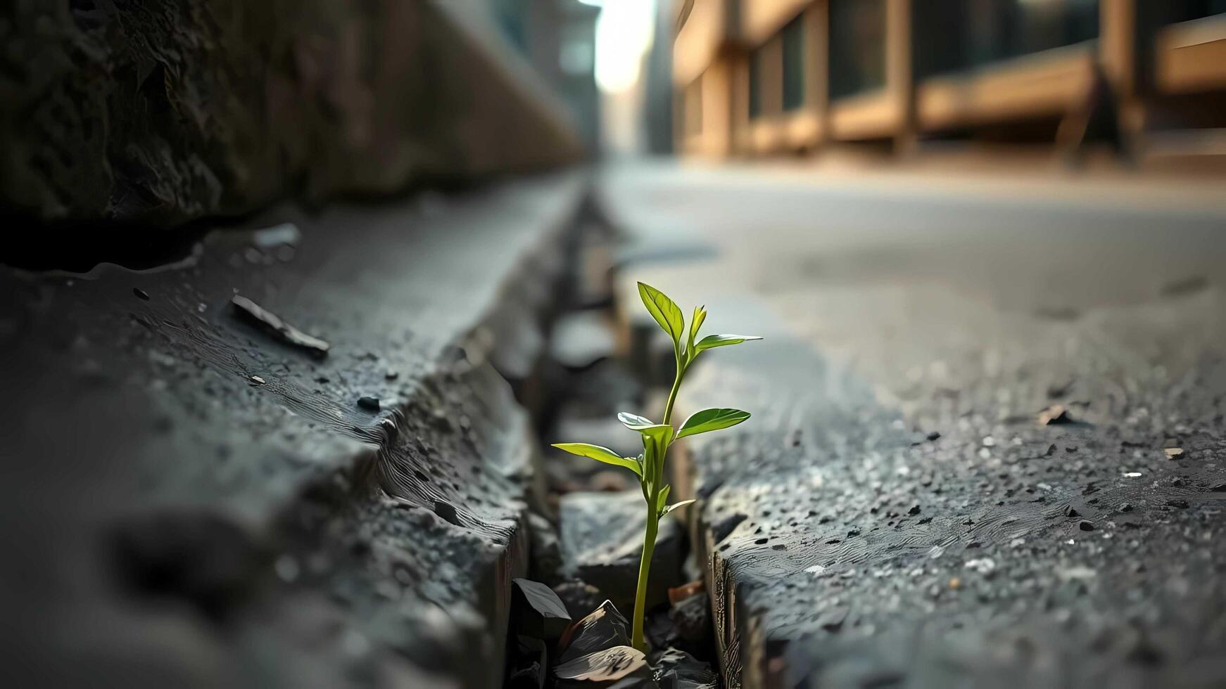 a plant growing out of a crack in the road photo