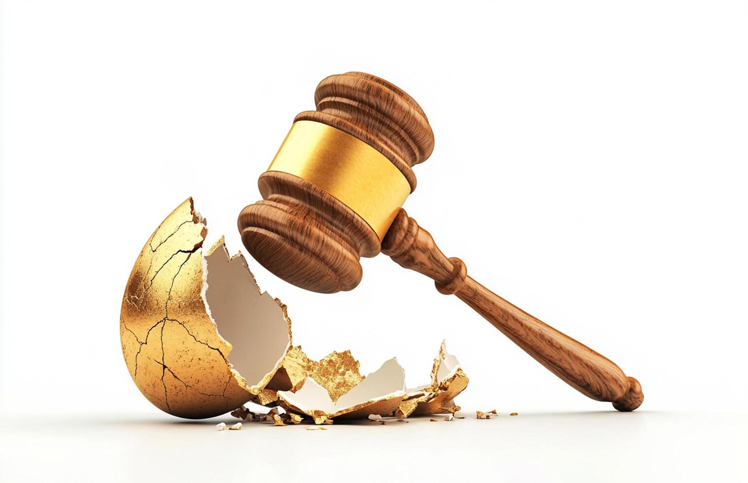 Broken Easter egg and gavel on white background photo