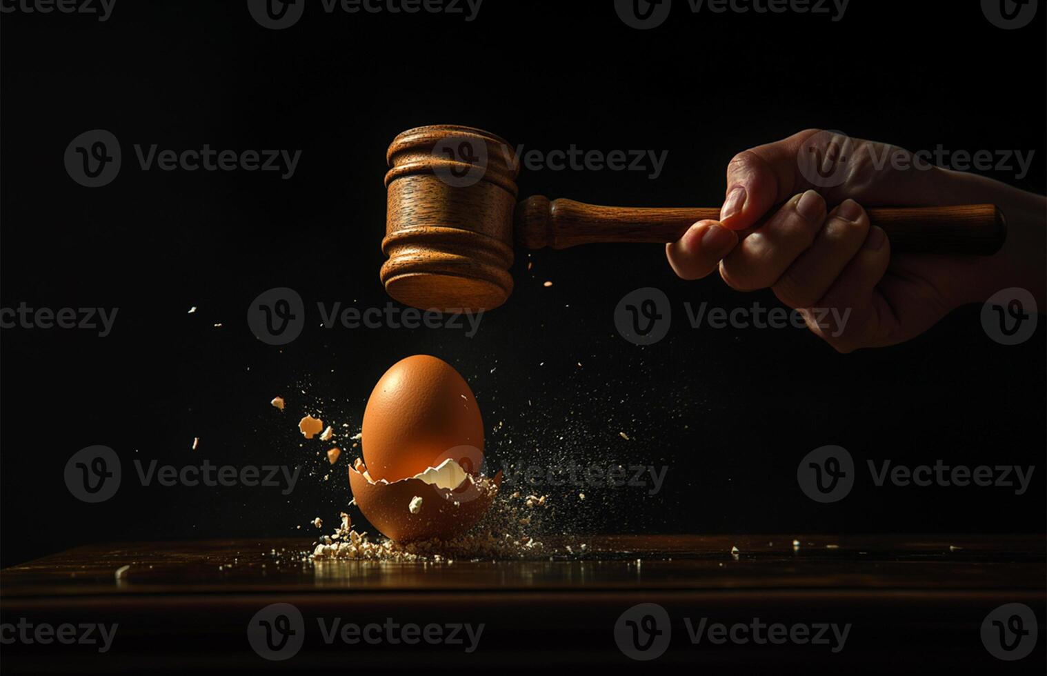 Easter egg breaks under gavel with inner egg exposed on dark backdrop photo