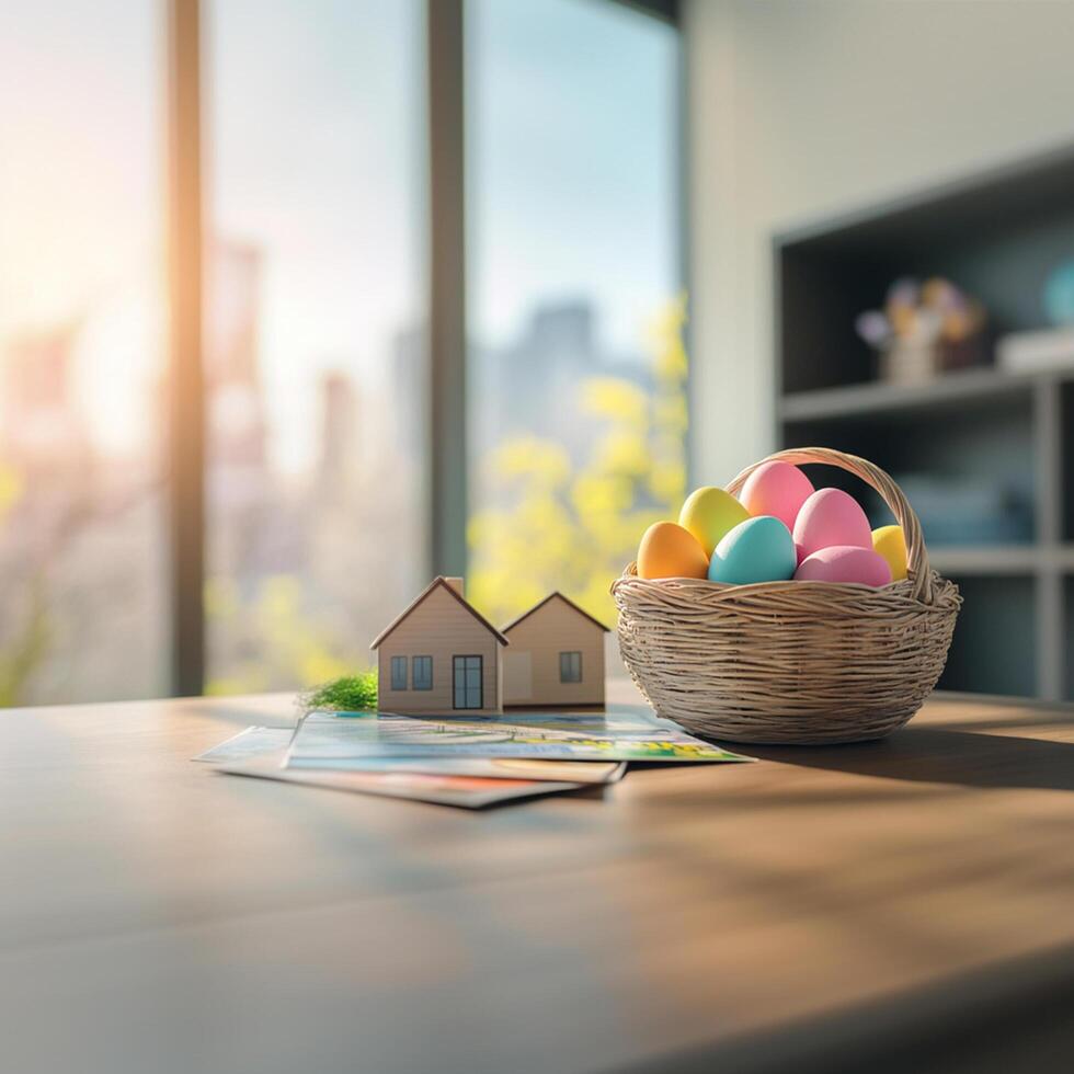 Real Estate Desk with Eggs and Home Model photo
