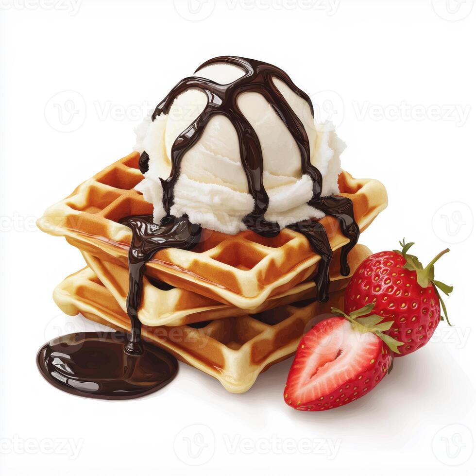 Chocolate waffles with ice cream and strawberries photo