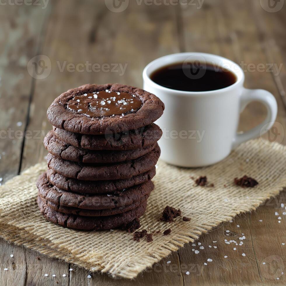 A stack of chocolate cookies with salt on a wooden table photo