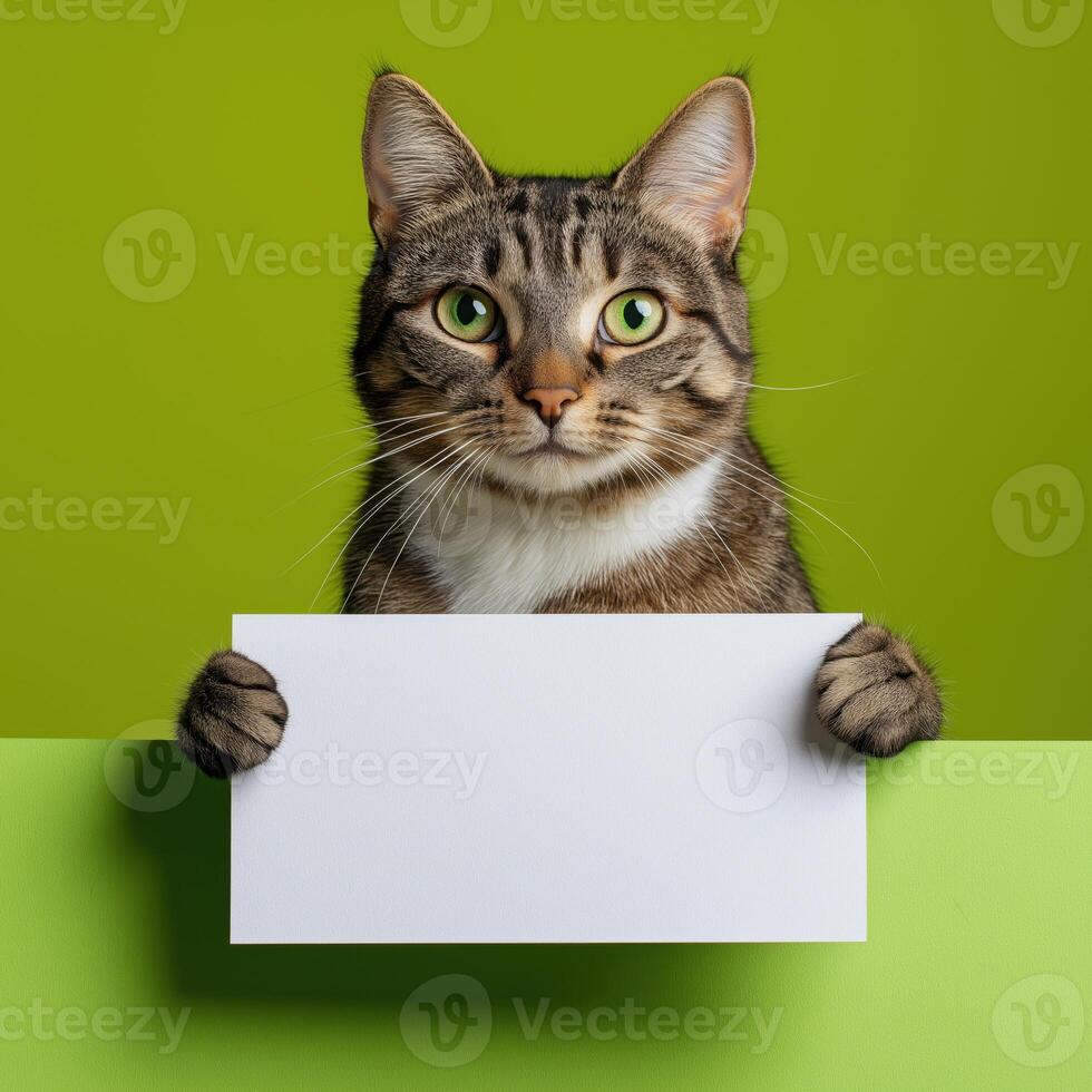 A cat holding a blank sign on a green background photo