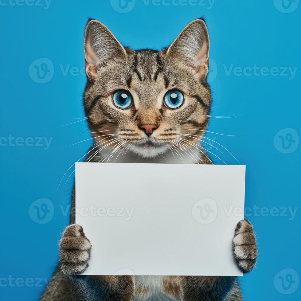 A cat holding a blank card in front of it's face photo