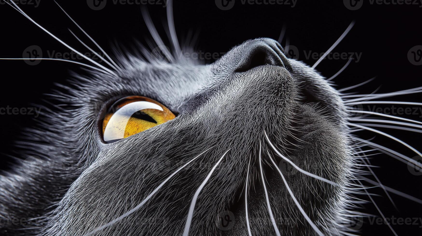A close up of a cat's face with yellow eyes photo