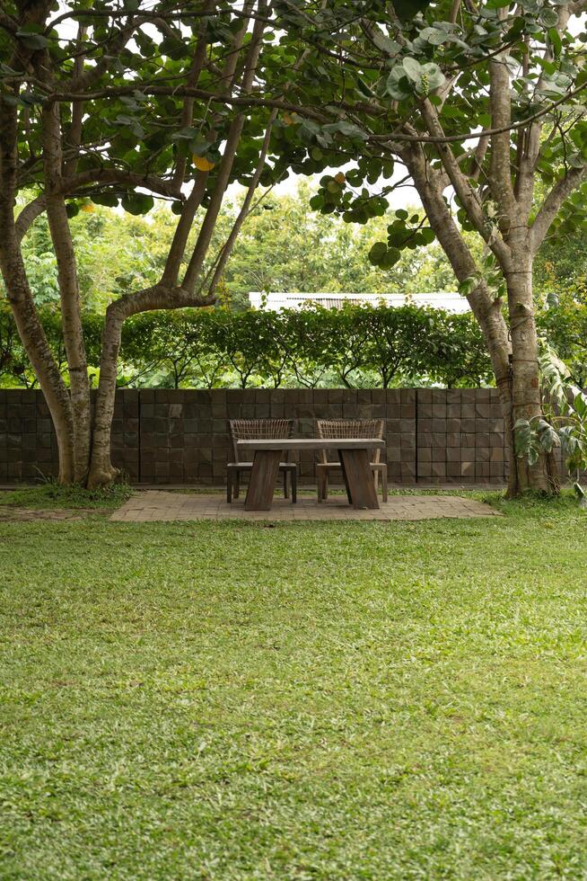 vertical or portrait image of two chairs on the garden, with trees on the background photo