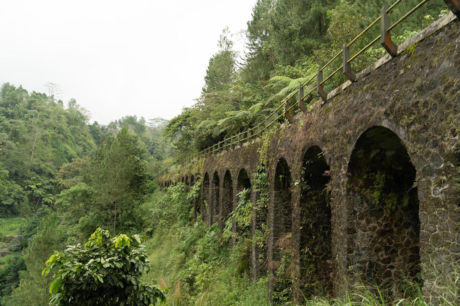big old stone bridge covered with moss, from below, mysterious and creepy photo