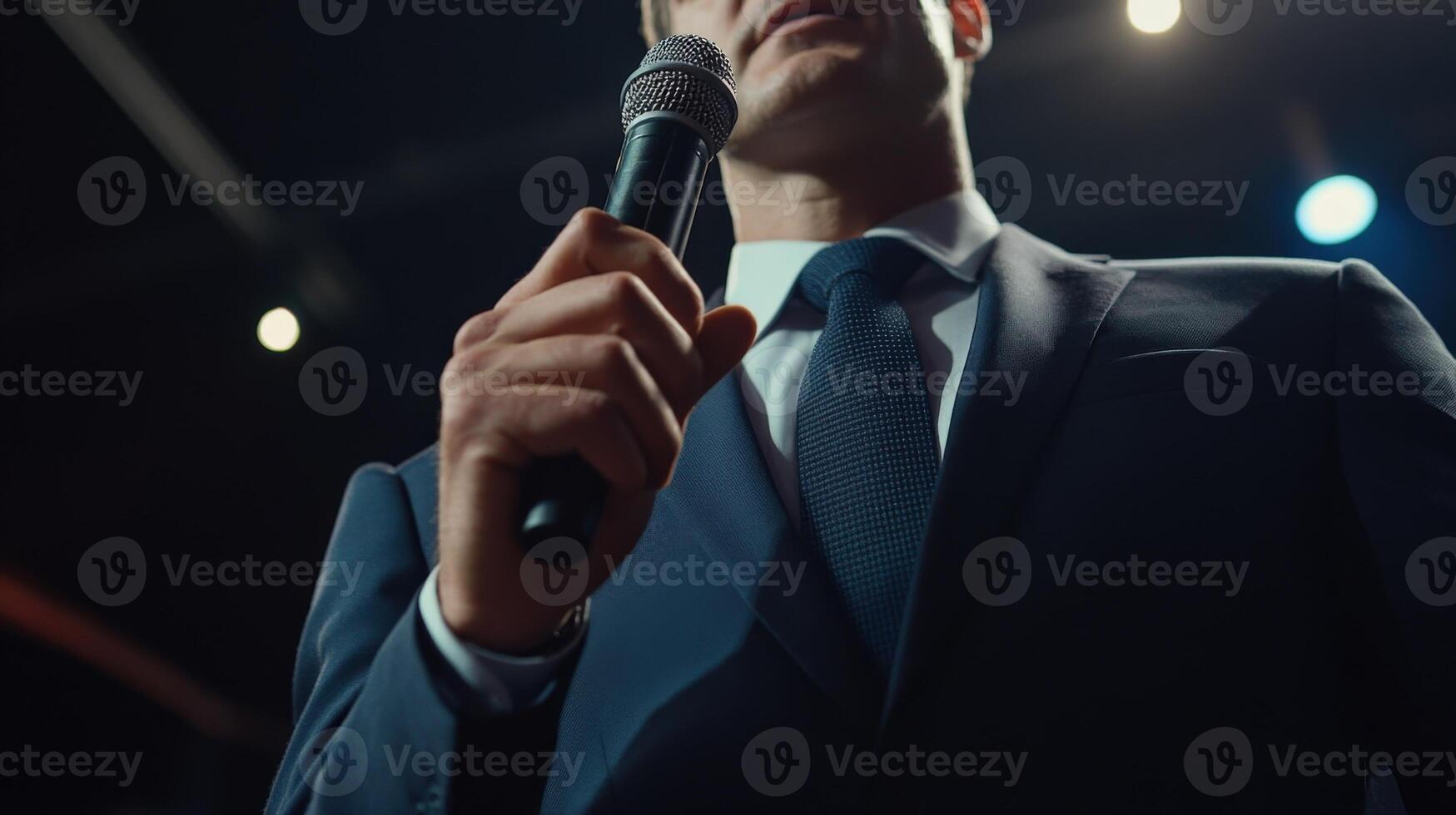 A closeup shot captures a politician with a focused expression holding a microphone and leaning slightly forward as they respond to a challenging question from the press. The intricat photo