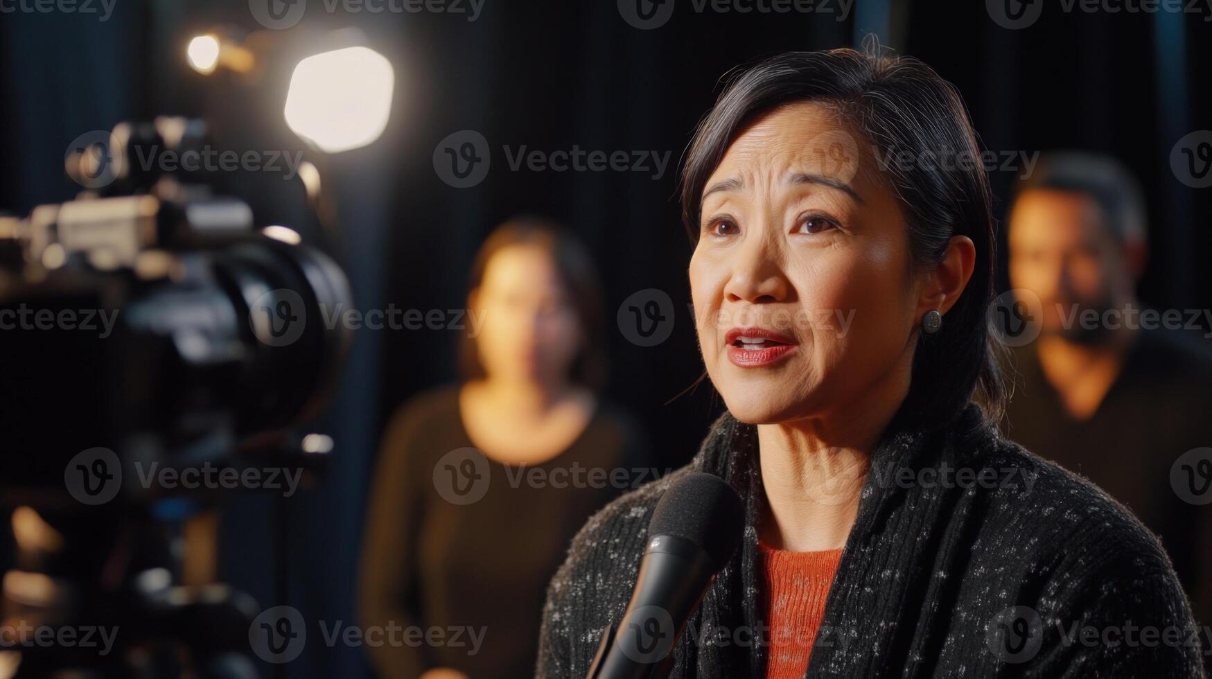 The camera focuses on a middleaged woman of Asian descent passionately speaking into a microphone her intense expression highlighting her fervor. Behind her a blurred panel of divers photo