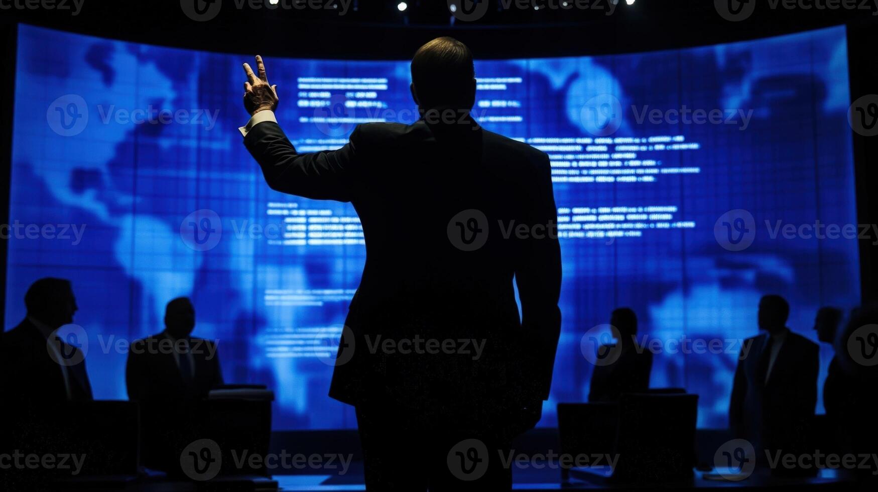 Politician giving speech about global issues in front of large screen photo