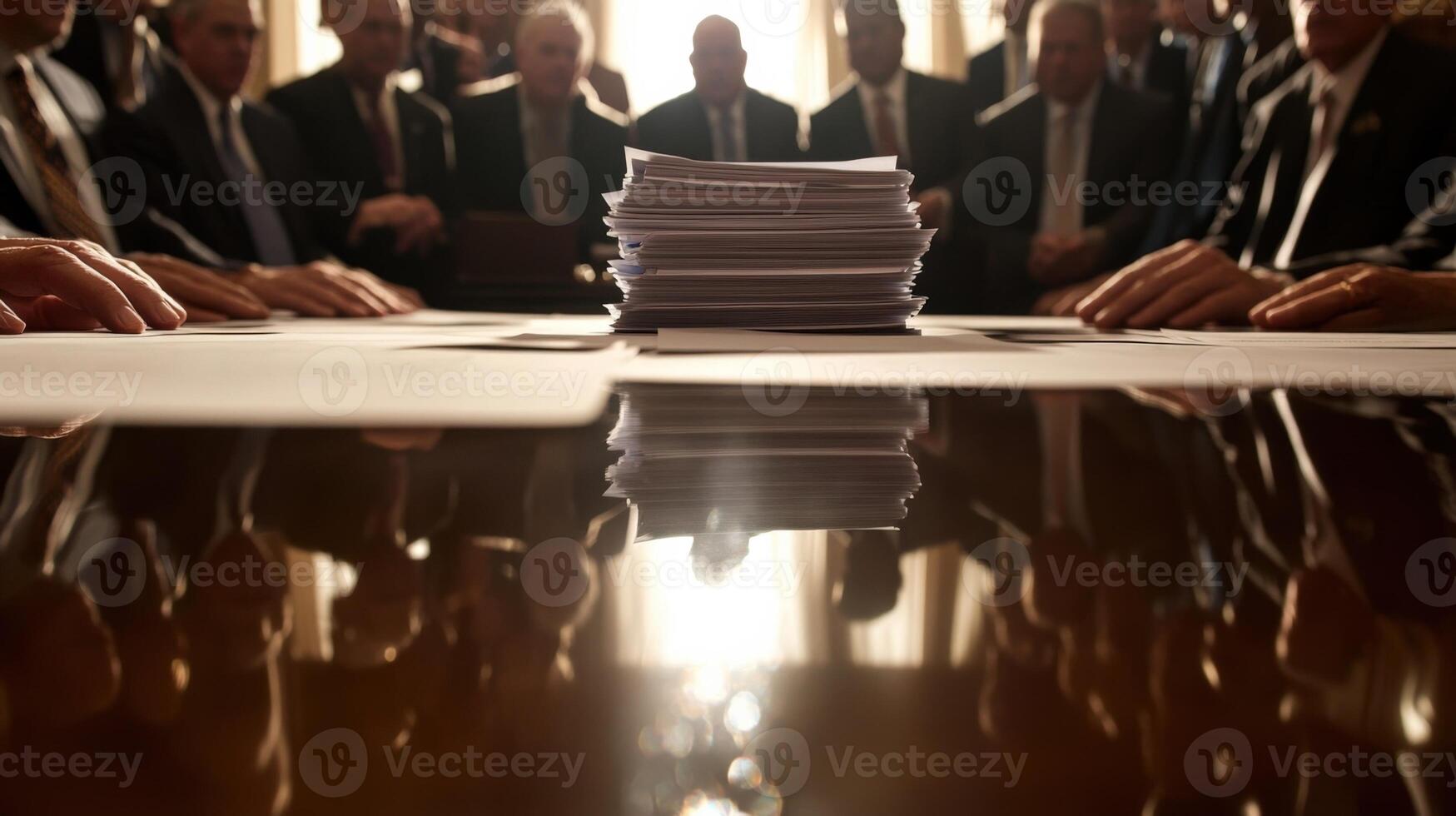 Politicians sitting at table with stack of documents photo