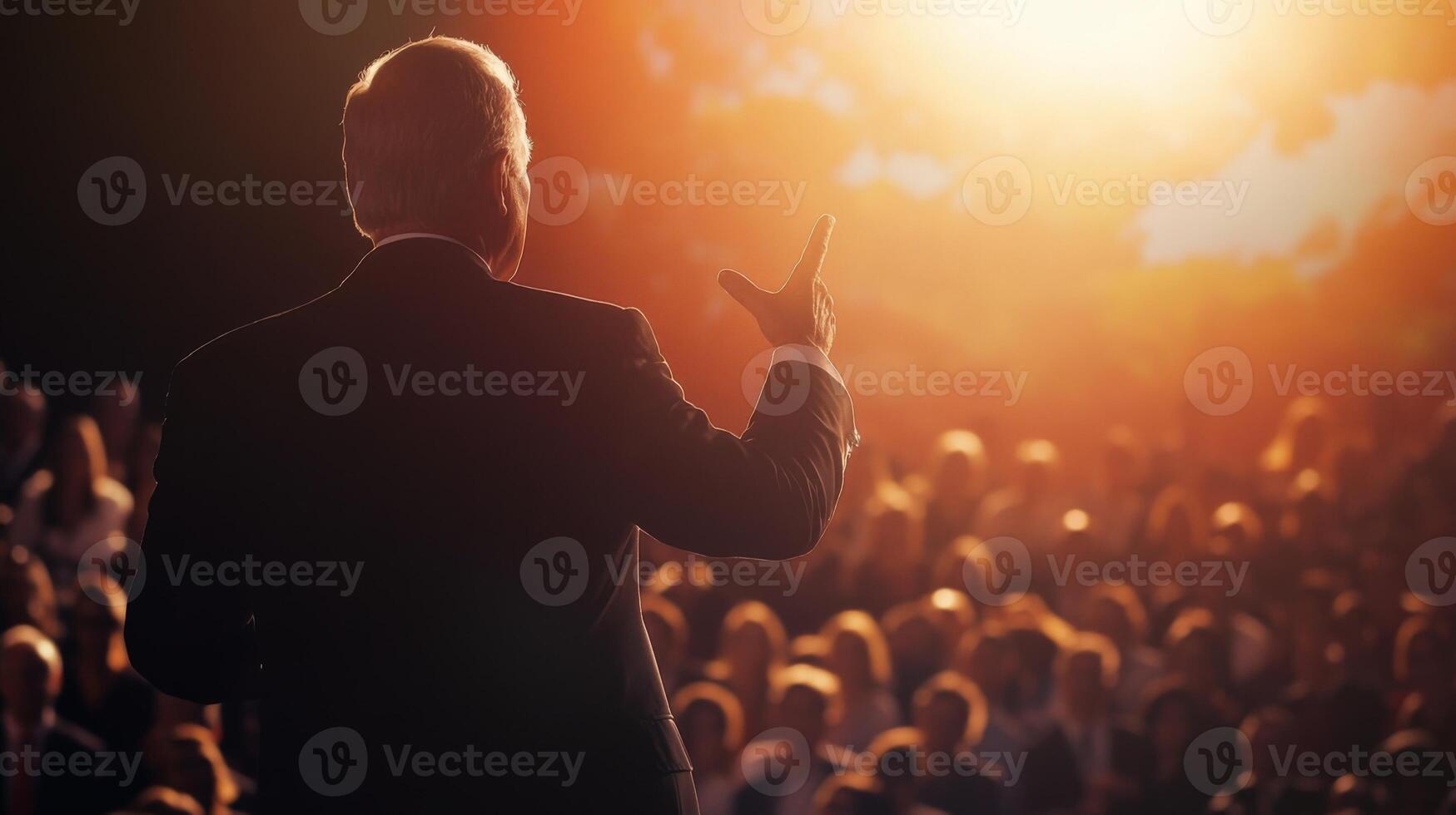 In a spotlight a politician gestures confidently towards a large crowd their brow furrowed in sincerity as they commit to tackling climate change. The backdrop features environmenta photo