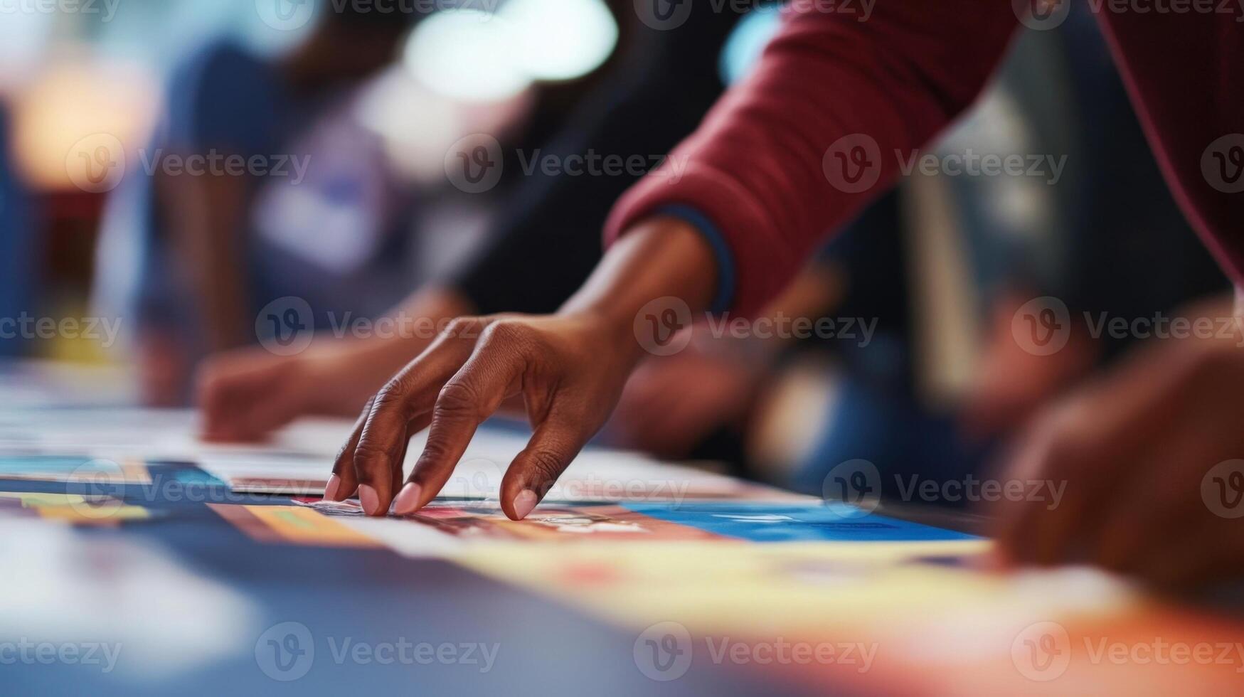 A closeup of hands working on a campaign sign while in the background the blurred silhouettes of other staff members are seen engaging in heated discussions conveying the highenerg photo