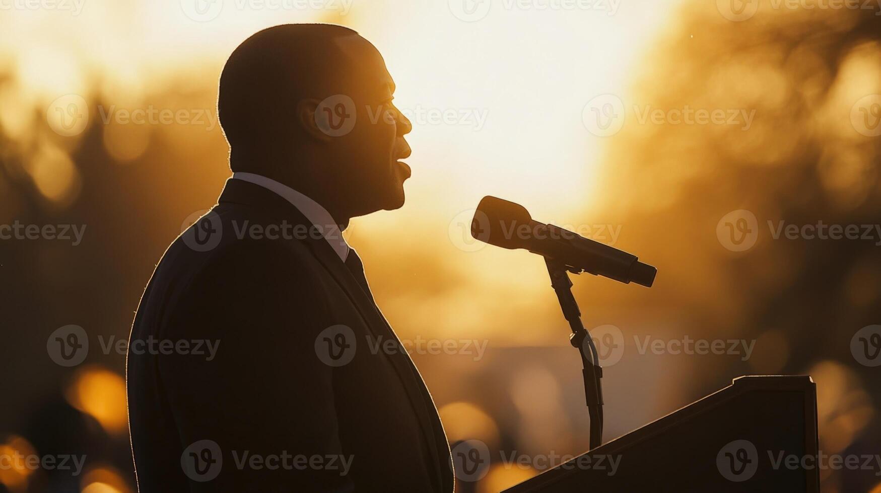 Capturing the candidate midspeech the focus is on their expressive face while the sun rises behind them casting a halo effect. The microphone is up close highlighting the intensit photo