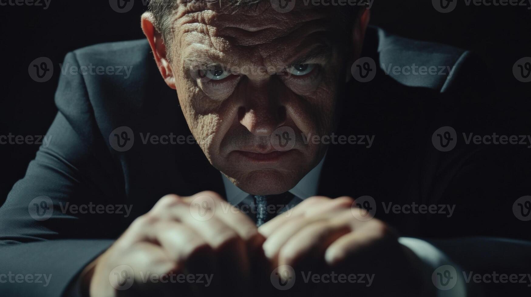 Corrupt politician plotting something evil with intense glare photo