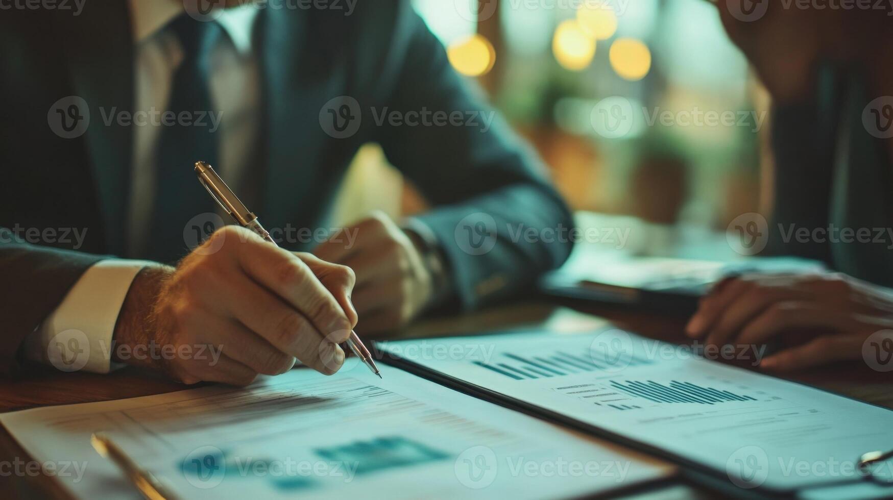 In a softly lit room a politician gestures emphatically pointing to a detailed chart on a document while an advisor takes notes ferventl photo