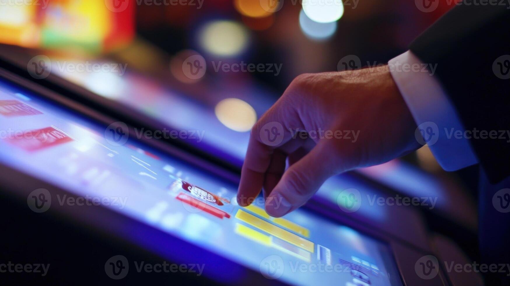 A closeup shot captures a voters hand hovering over a touchscreen voting machine fingers poised to select a candidate. The background reveals an array of colorful campaign material photo