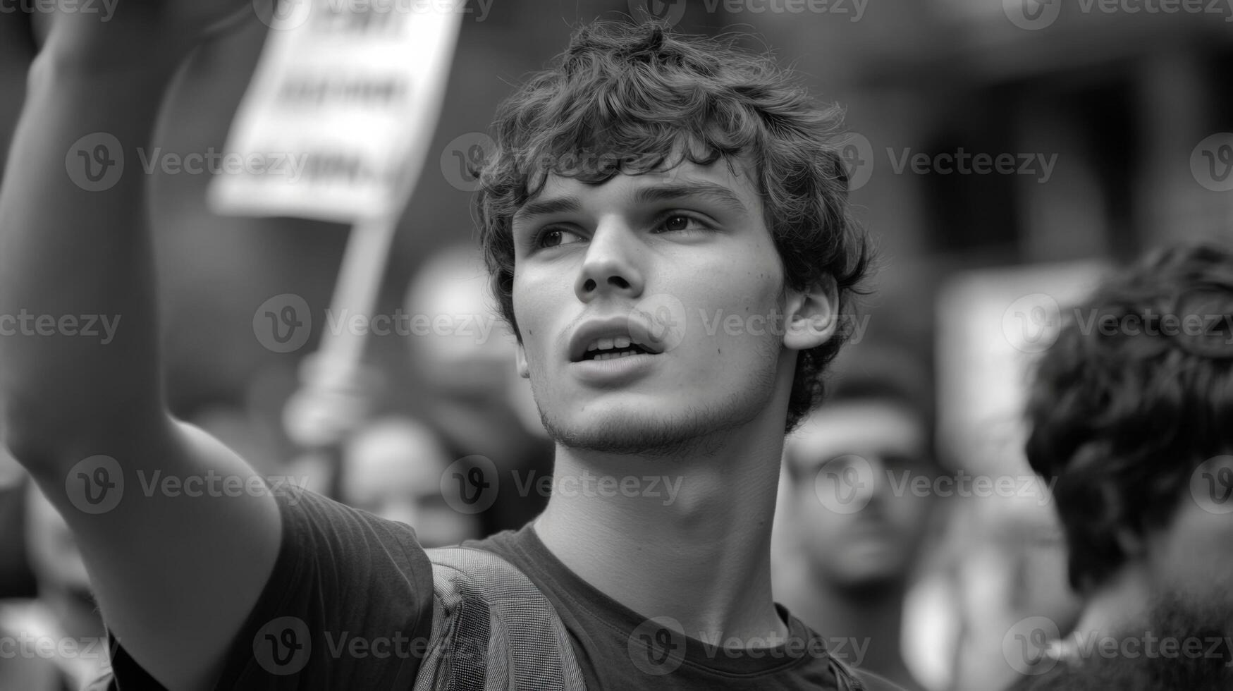 A young man visibly passionate animatedly explaining the petition to a small group of onlookers with his hand raised to emphasize a point. The medium closeup captures his intense gaz photo