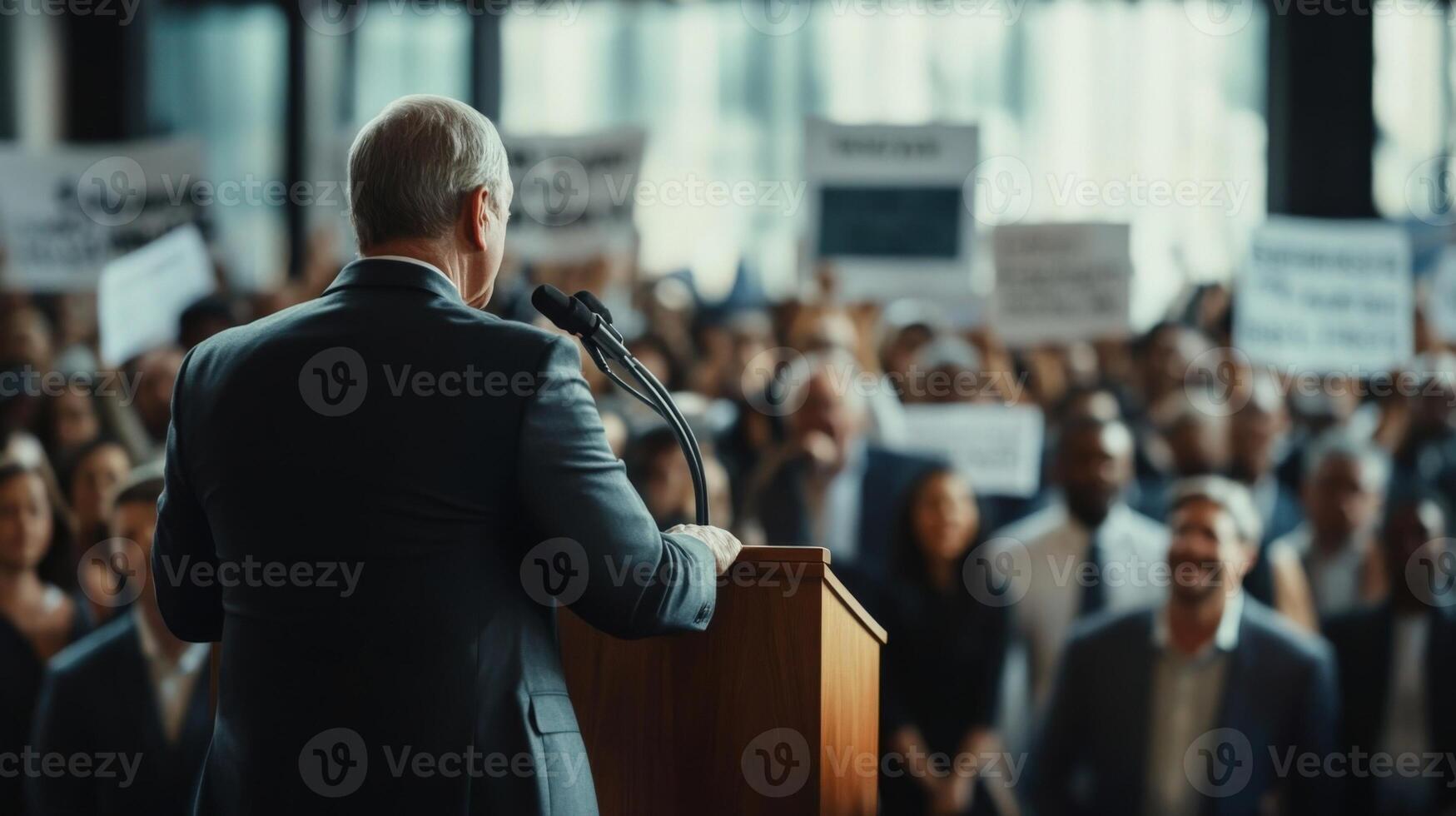 Politician giving speech at press conference in front of crowd photo