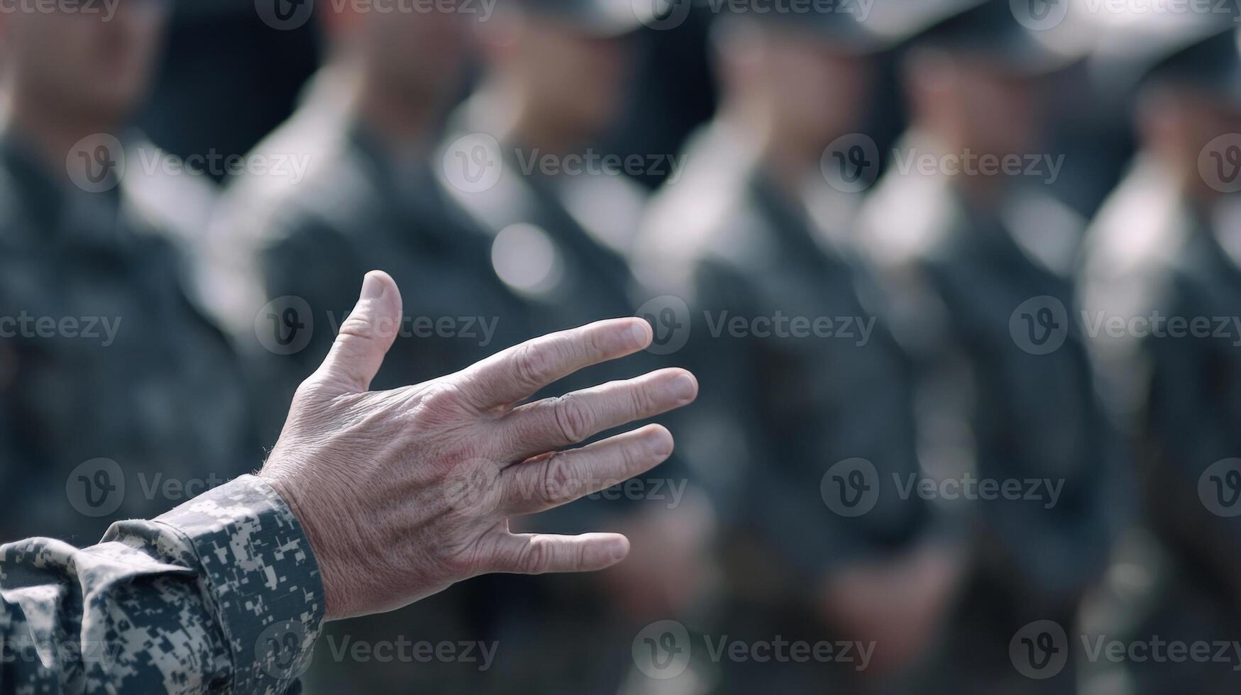 A medium closeup focus on the hands of a politician gesturing while addressing a group of military personnel who stand at attention. The politicians passionate expression reflects photo