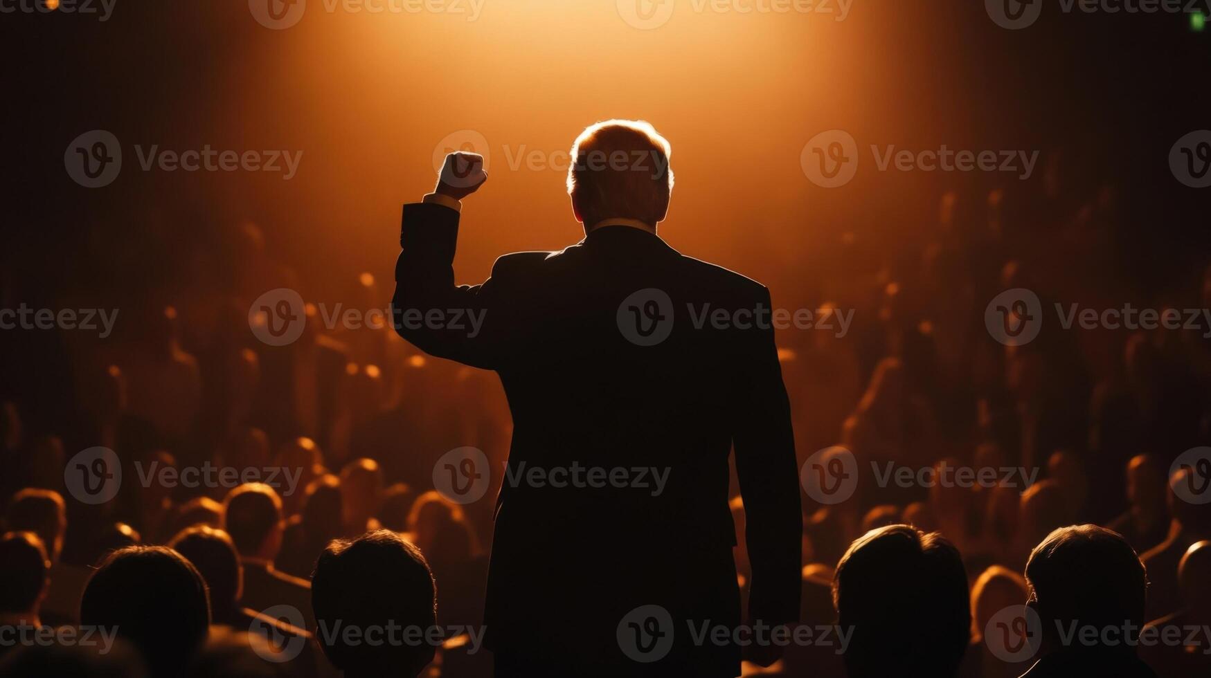 Under dramatic stage lighting a politician stands resolutely with a clenched fist pledging to uphold justice and equality for all. The framing captures their unwavering gaze reflectin photo