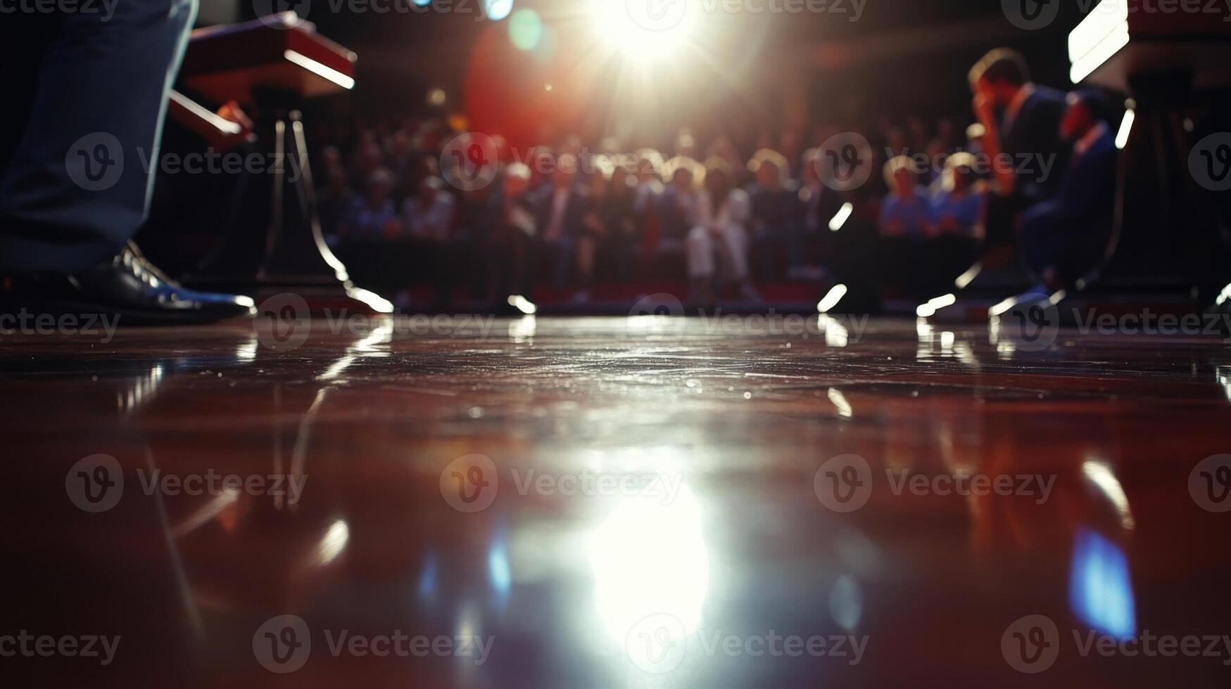 Politicians debating on stage in front of audience with bright lights photo