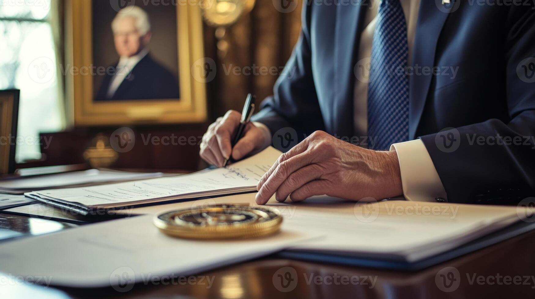 A somber politician sits at a desk tered with papers and a large government seal. Their hand pauses midsignature a look of contemplation on their face as they reflect on the implication photo
