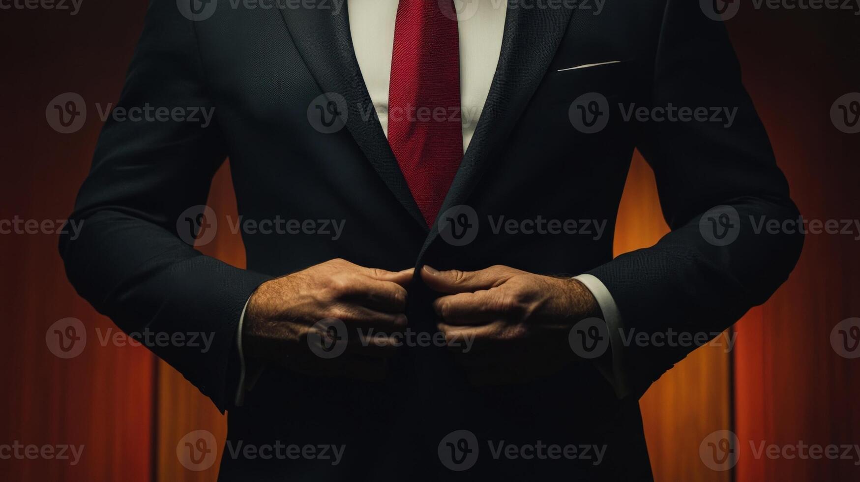 Politician buttoning elegant suit getting ready for public speech photo