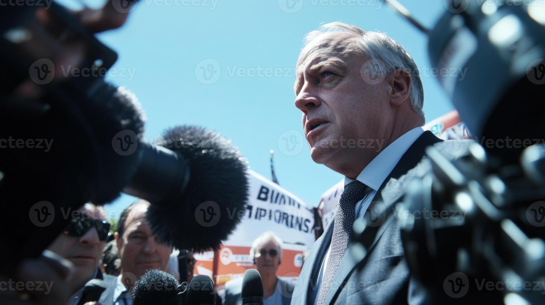 In a dramatic angle the politician leans slightly forward engaging with a specific question from the press their intense gaze directed at an unseen journalist highlighting the dialogu photo
