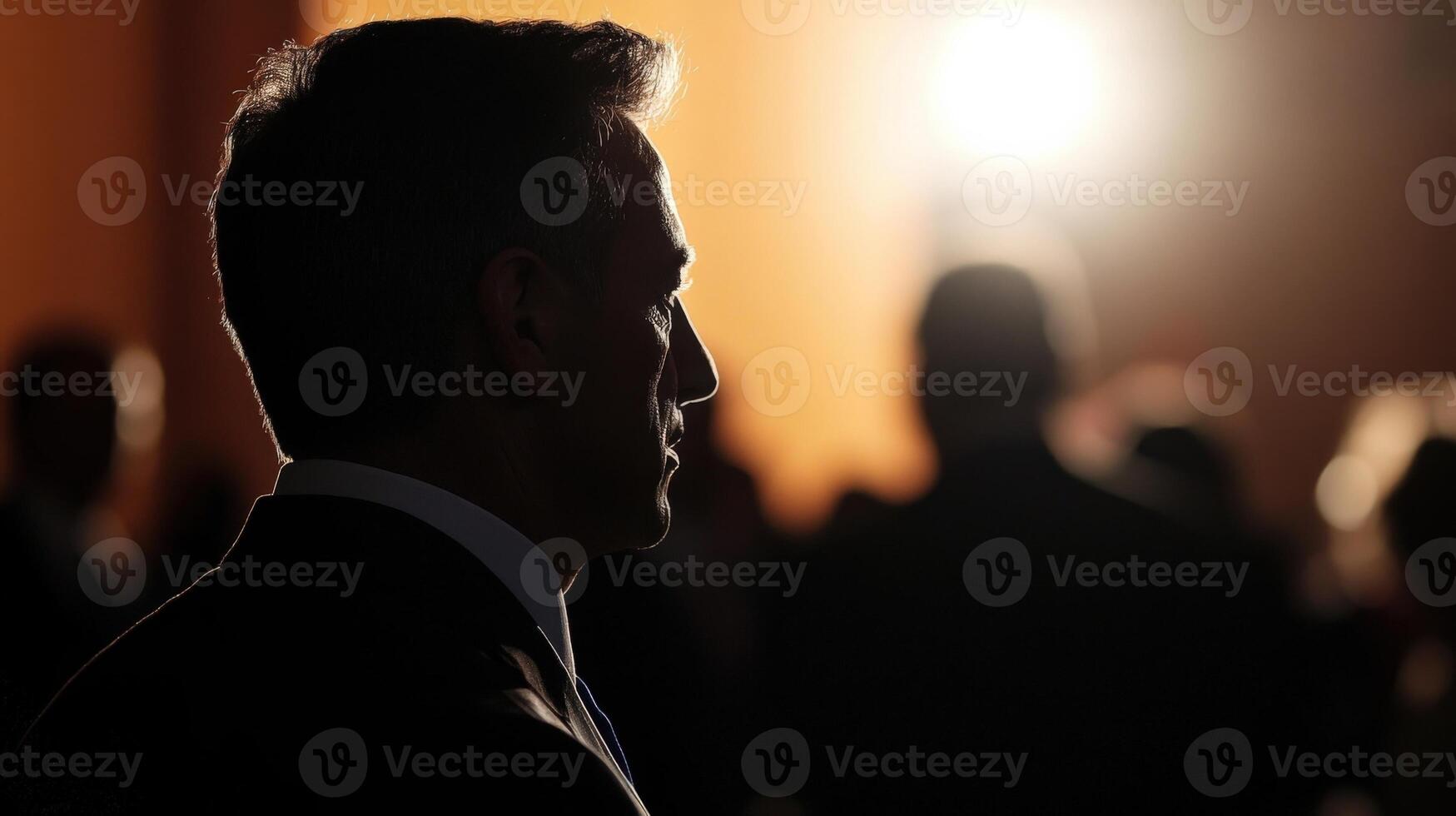 The politician takes a moment to listen intently to a reporters question reflecting a blend of poise and vulnerability while the blurred silhouettes of onlookers create a sense of urgenc photo