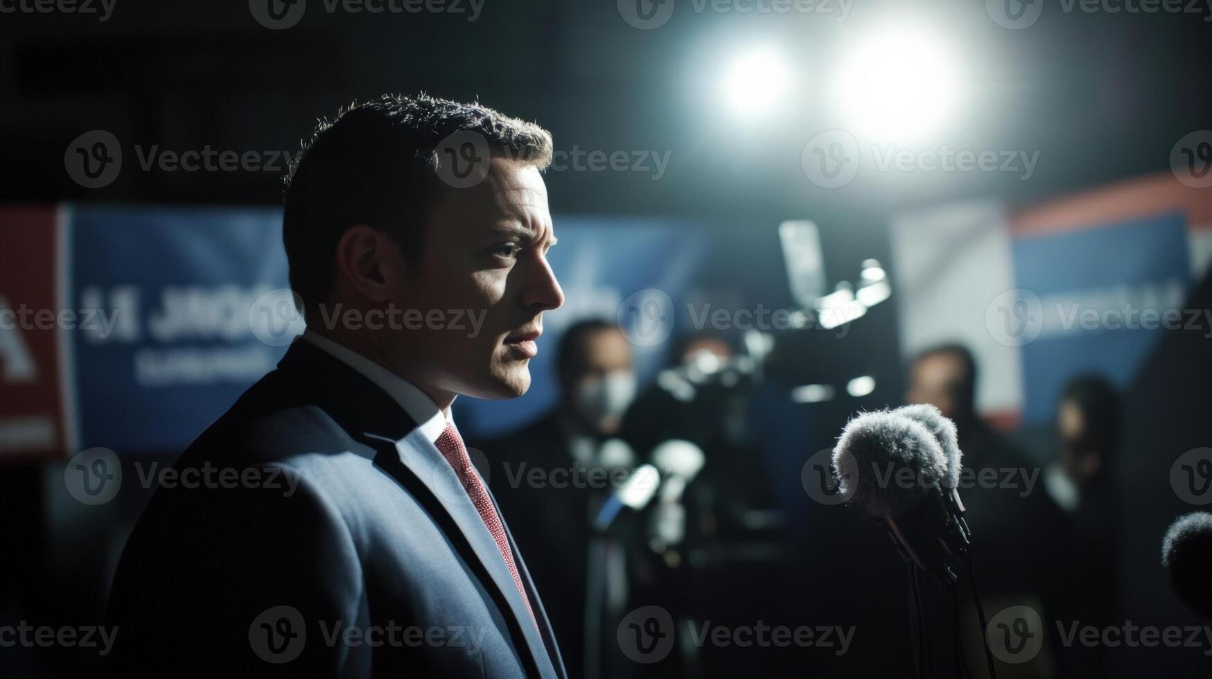 Politician giving speech at press conference photo
