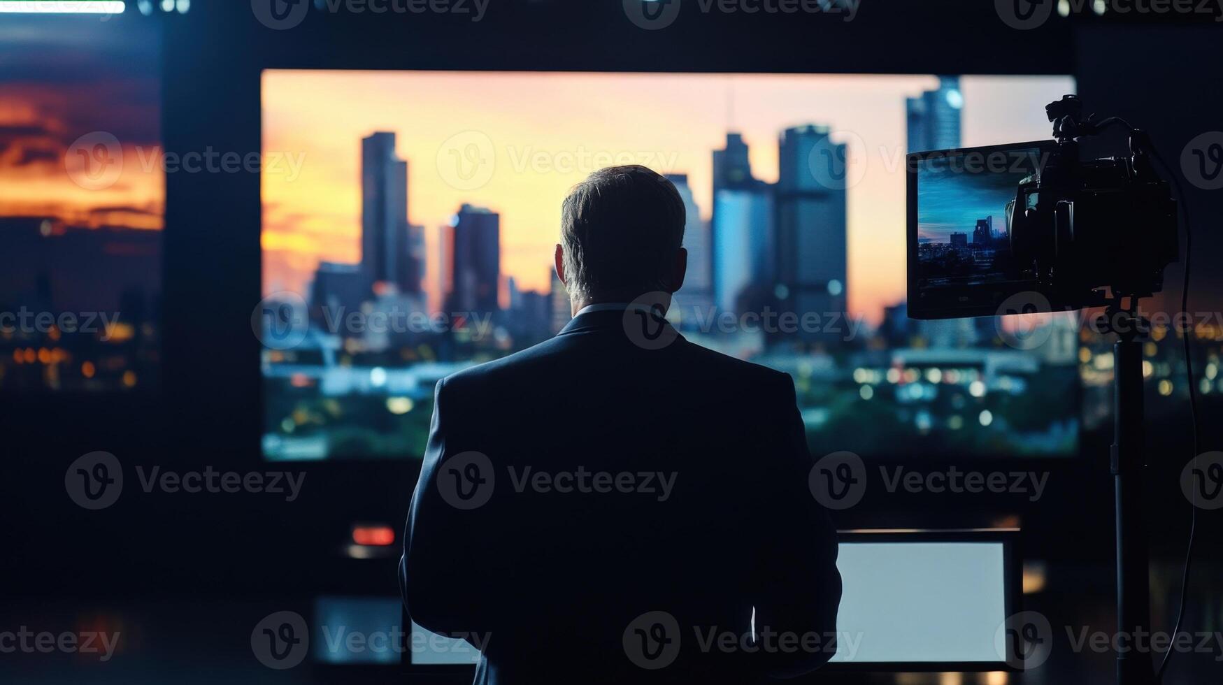 News anchor getting ready for live broadcasting in modern studio with city skyline on screen photo