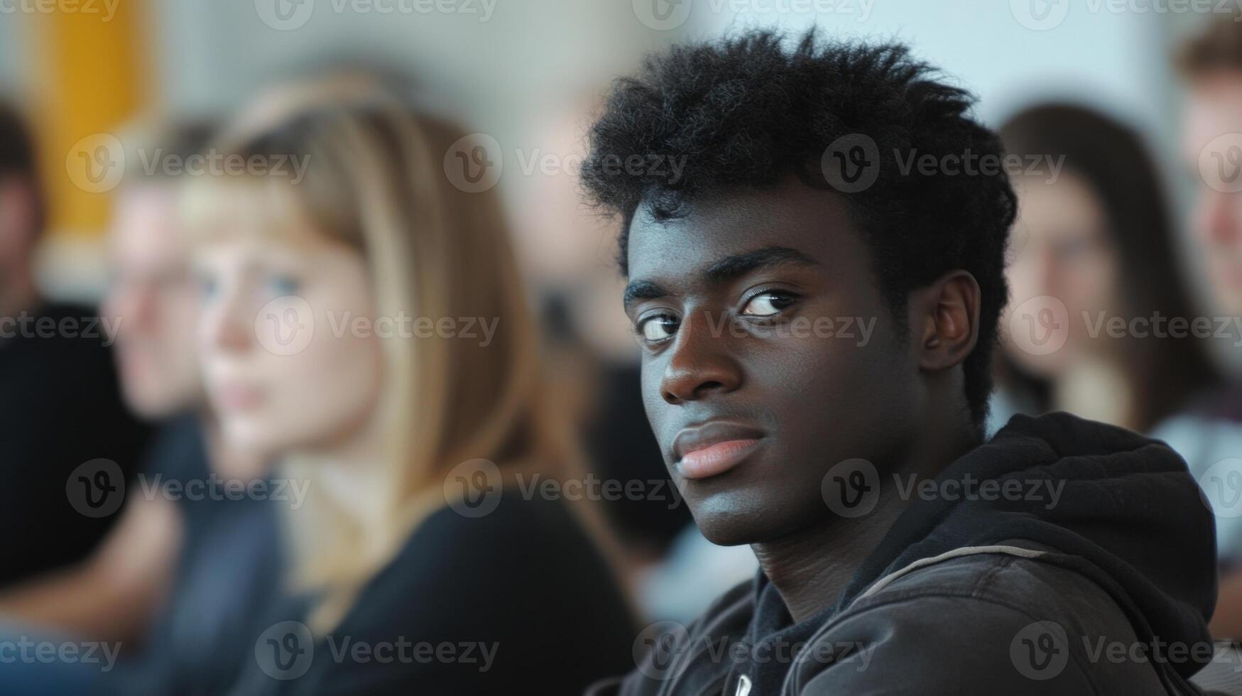 Young man attending political meeting or debate photo