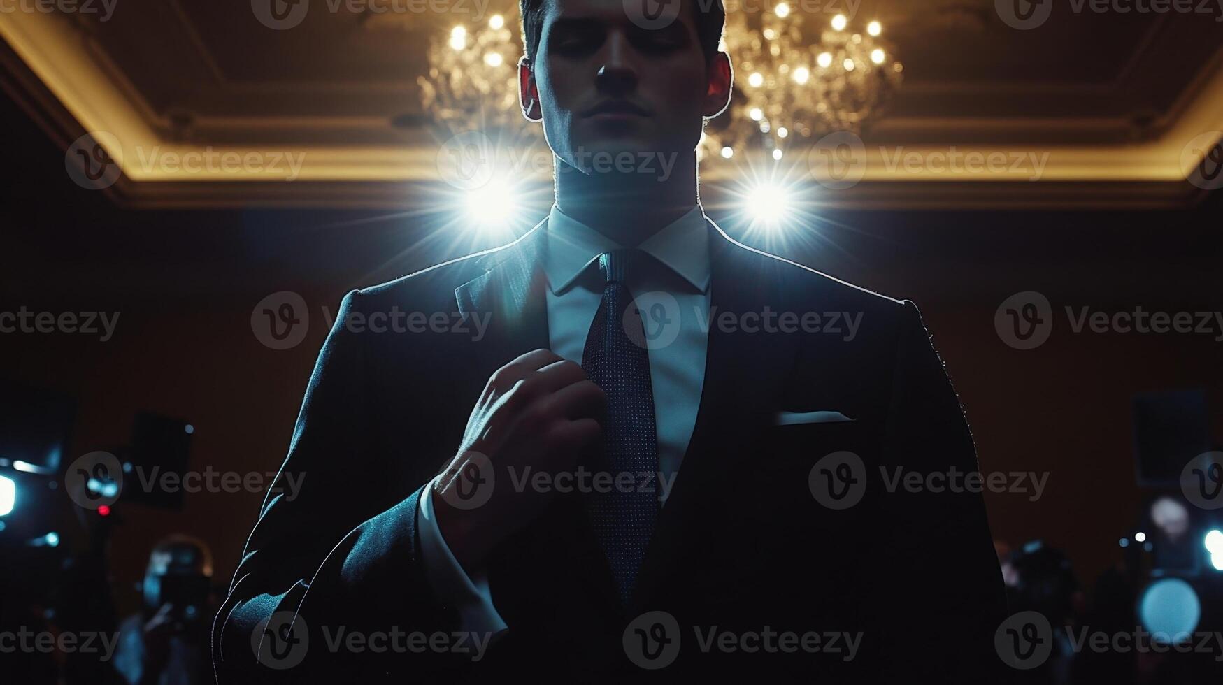 Illuminated by soft lights a politician adjusts their perfectly knotted silk tie while scanning the room radiating an aura of authority. The suits tailored fit accentuates their postur photo