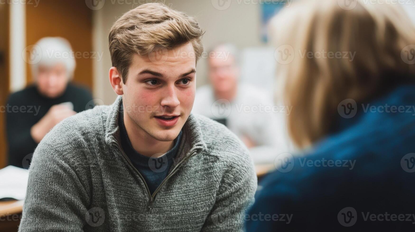 In a cozy community center a politician leans slightly forward making eye contact with a young man who is speaking. The tension in the air is palpable reflecting the importance of th photo