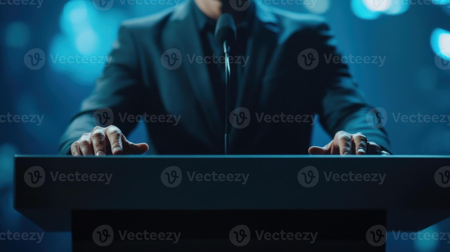 With a focused expression a politician stands behind a contemporary podium hands resting on the surface as they address an unseen audience. The blurred blue backdrop features subtl photo